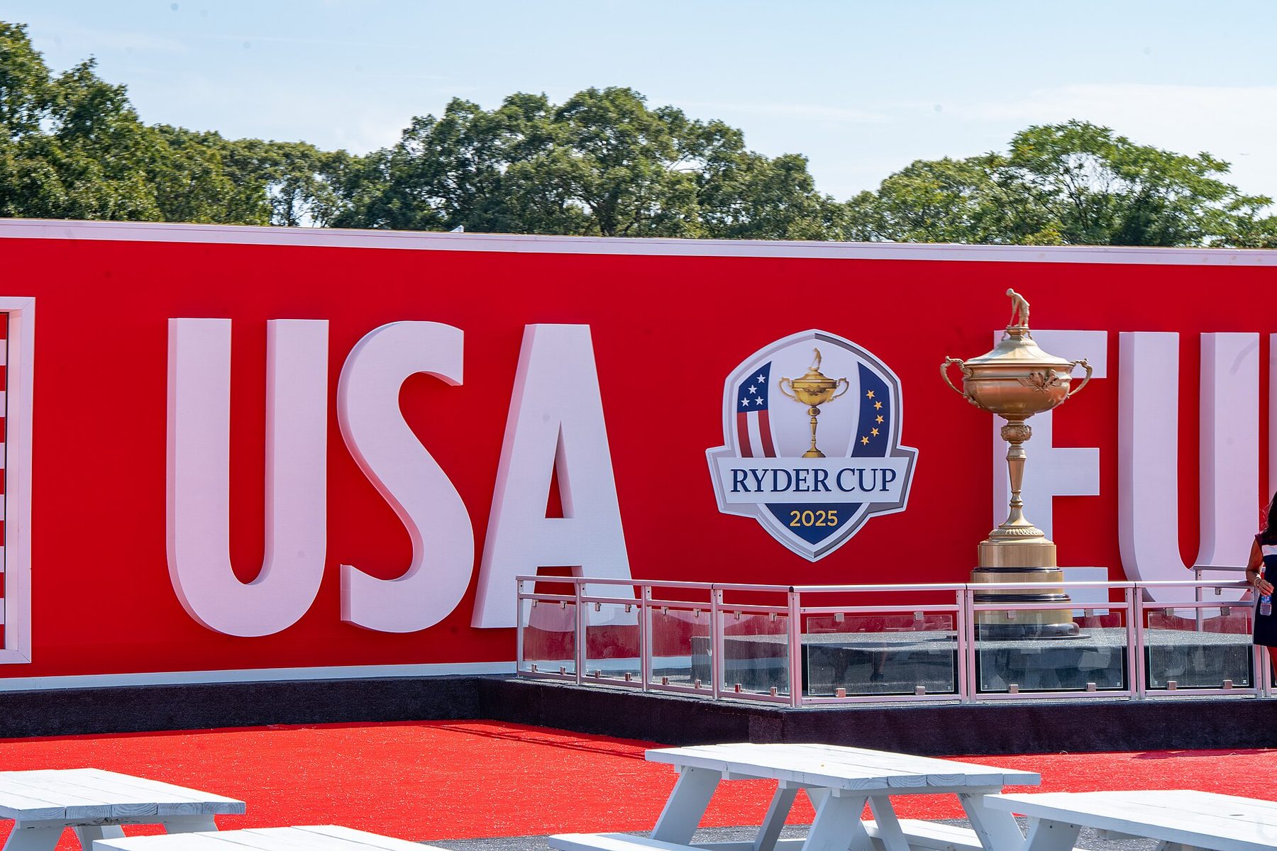 USA and Europe signage with the Ryder Cup trophy at Bethpage Black, 2025