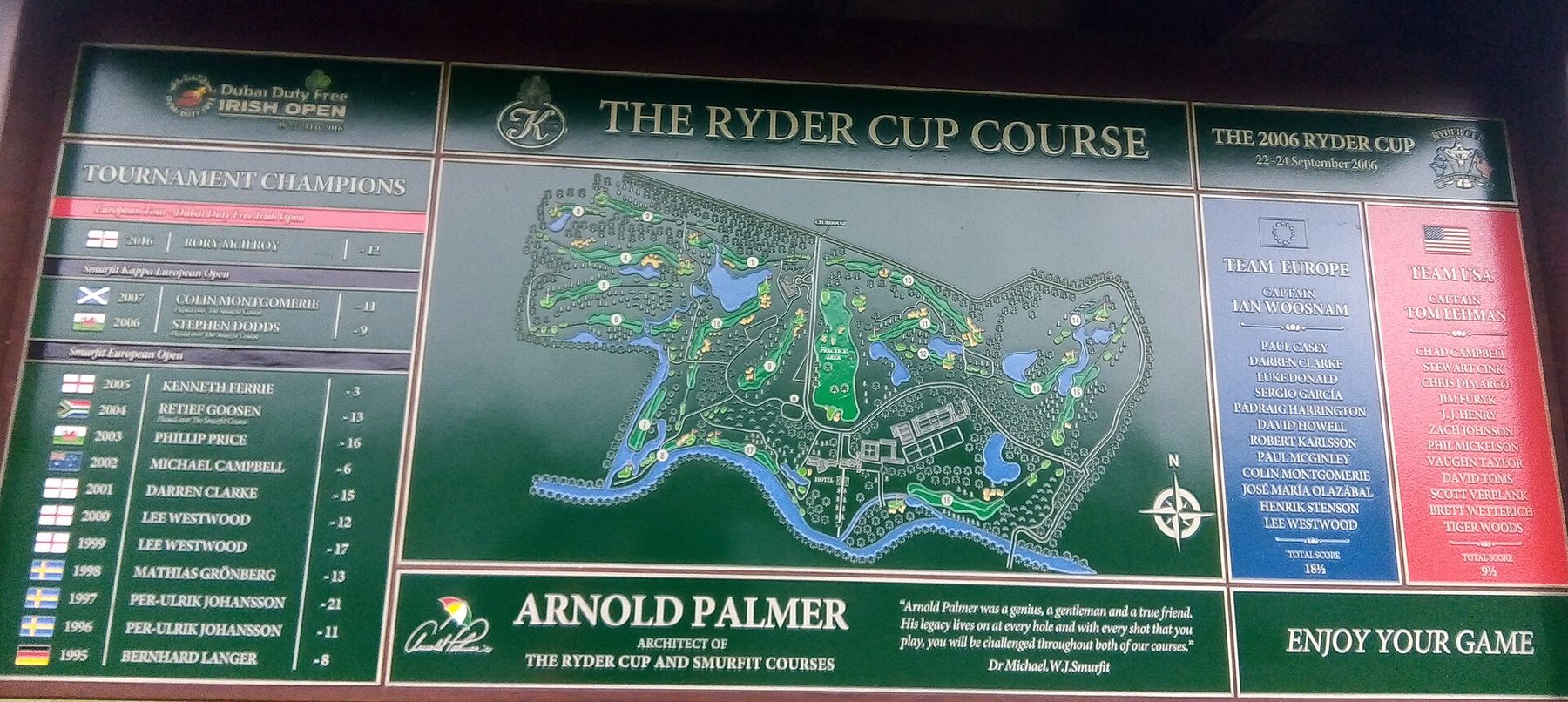 The Ryder Cup Course plaque at The K Club, with Arnold Palmer’s course map and a tribute from Dr Michael Smurfit
