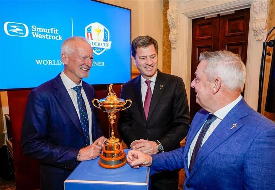 Tony Smurfit and Paul McGinley with the Ryder Cup trophy at the partnership launch in Dublin