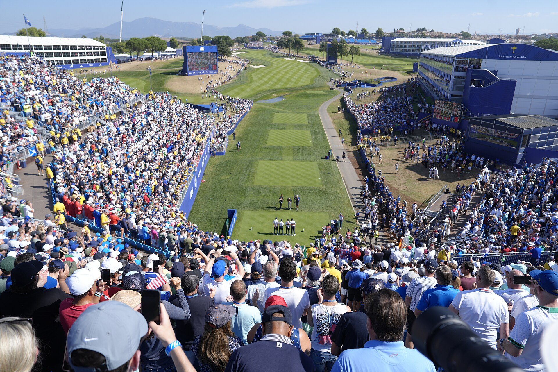 The packed first-tee grandstand at the 2023 Ryder Cup, Marco Simone, Rome