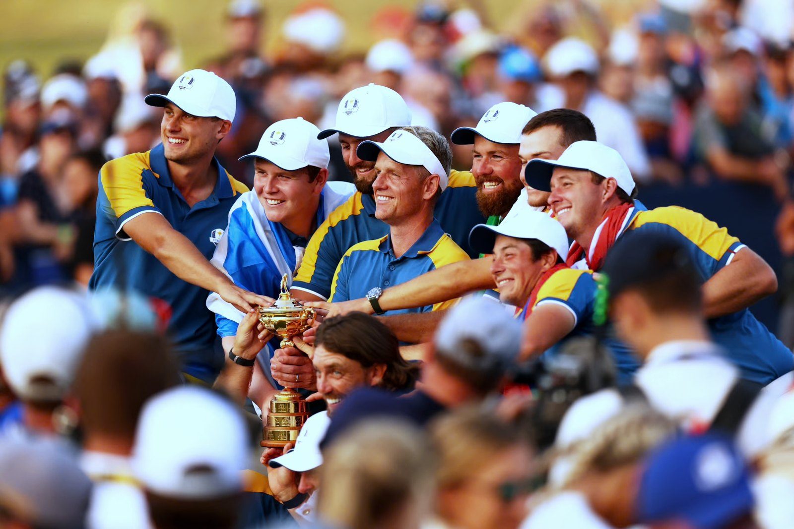 Team Europe celebrating with the Ryder Cup in Rome, 2023